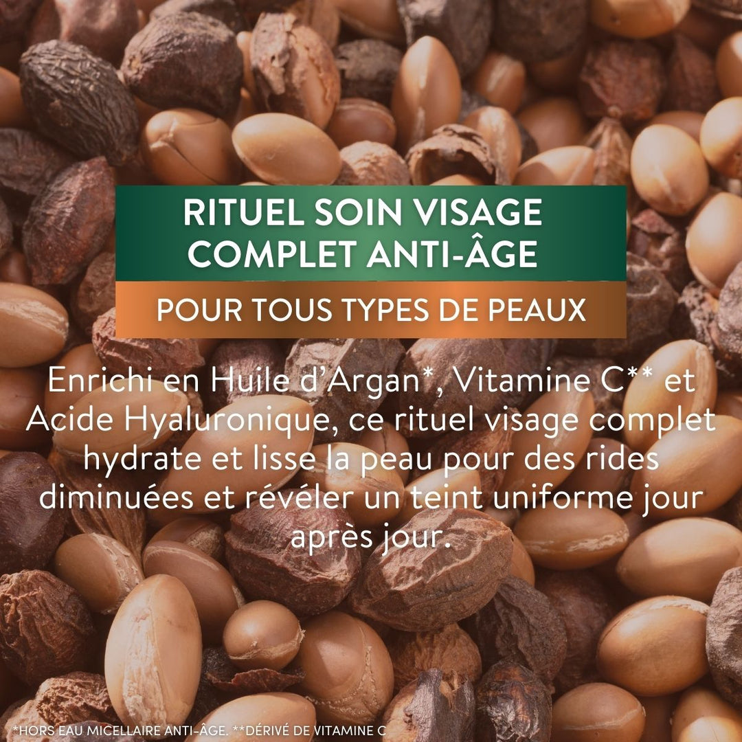 Gros plan sur des noix d'argan. Le texte superposé vante les mérites du « Rituel Soin Visage Complet Anti-Âge » de Le Petit Olivier, à base d'huile d'argan, de vitamine C et d'acide hyaluronique, pour une peau plus lisse et plus uniforme.