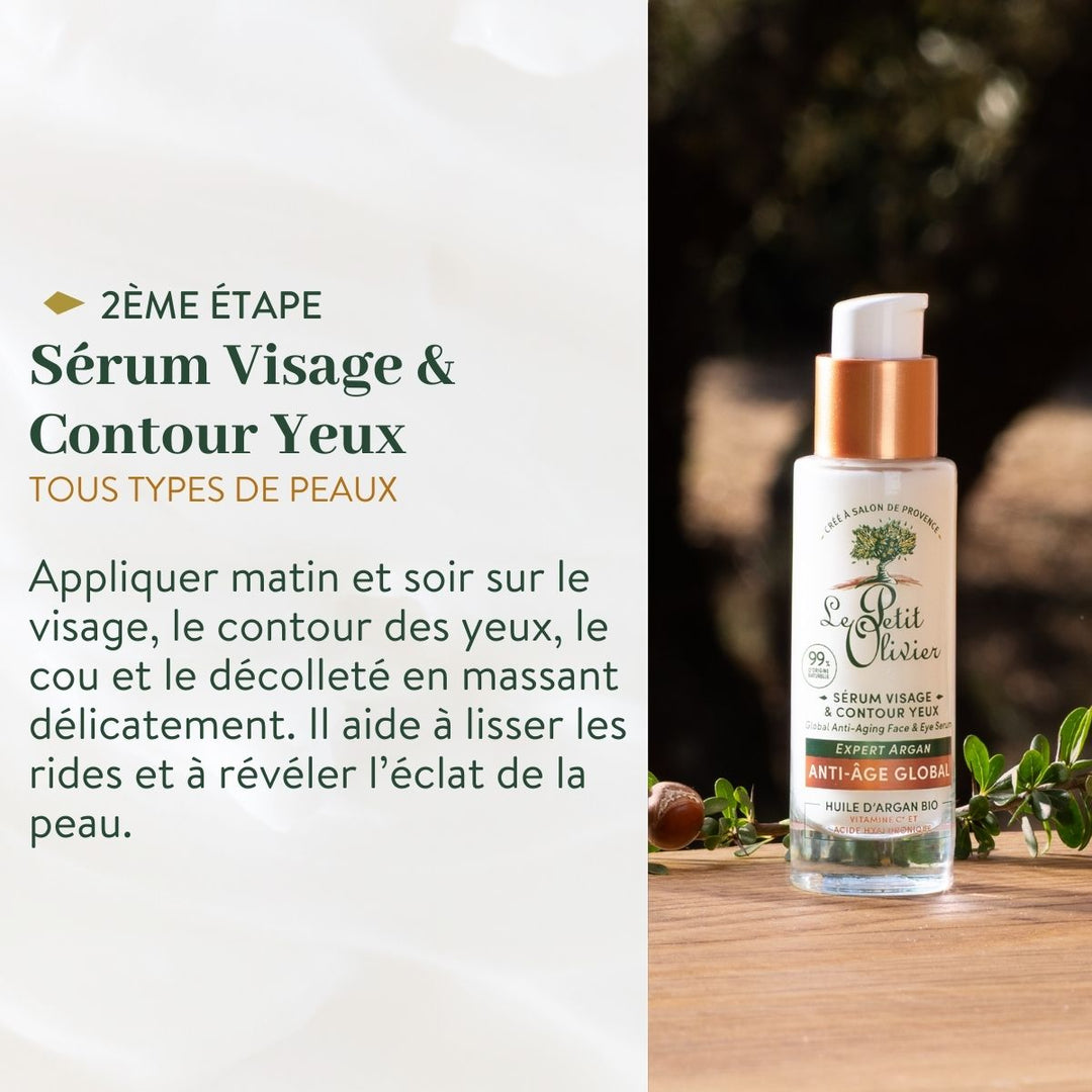 Un flacon de « Le Petit Olivier Rituel Soin Visage Complet Anti-Âge » est présenté sur une surface en bois agrémentée de verdure, mettant en avant ses bienfaits anti-âge pour lisser les rides et rehausser l'éclat de la peau.