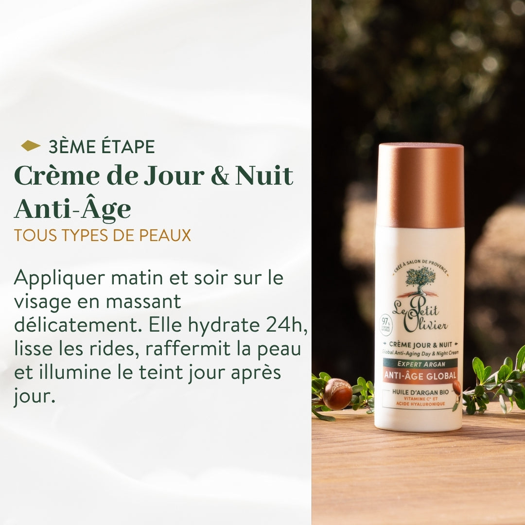 Un flacon de « Rituel Soin Visage Express Anti-Âge » de Le Petit Olivier repose sur une surface en bois, avec une végétation floue en arrière-plan. À proximité, un texte en français présente les bienfaits de ce soin visage anti-âge ainsi que son mode d'emploi.