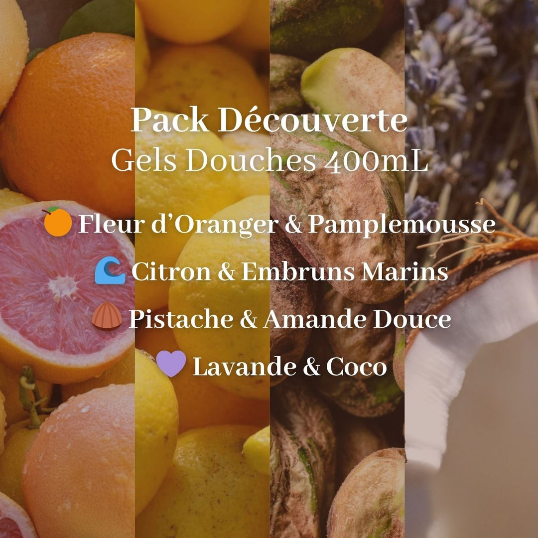 Image composée d'oranges, de la mer, de noix et de lavande/noix de coco. Texte en français : Le Petit Olivier – Pack Découverte Gels Douche 400 ml, pH neutre et hydratant, parfums orange & pamplemousse, citron & embruns marins, pistache & amande douce, lavande & coco.