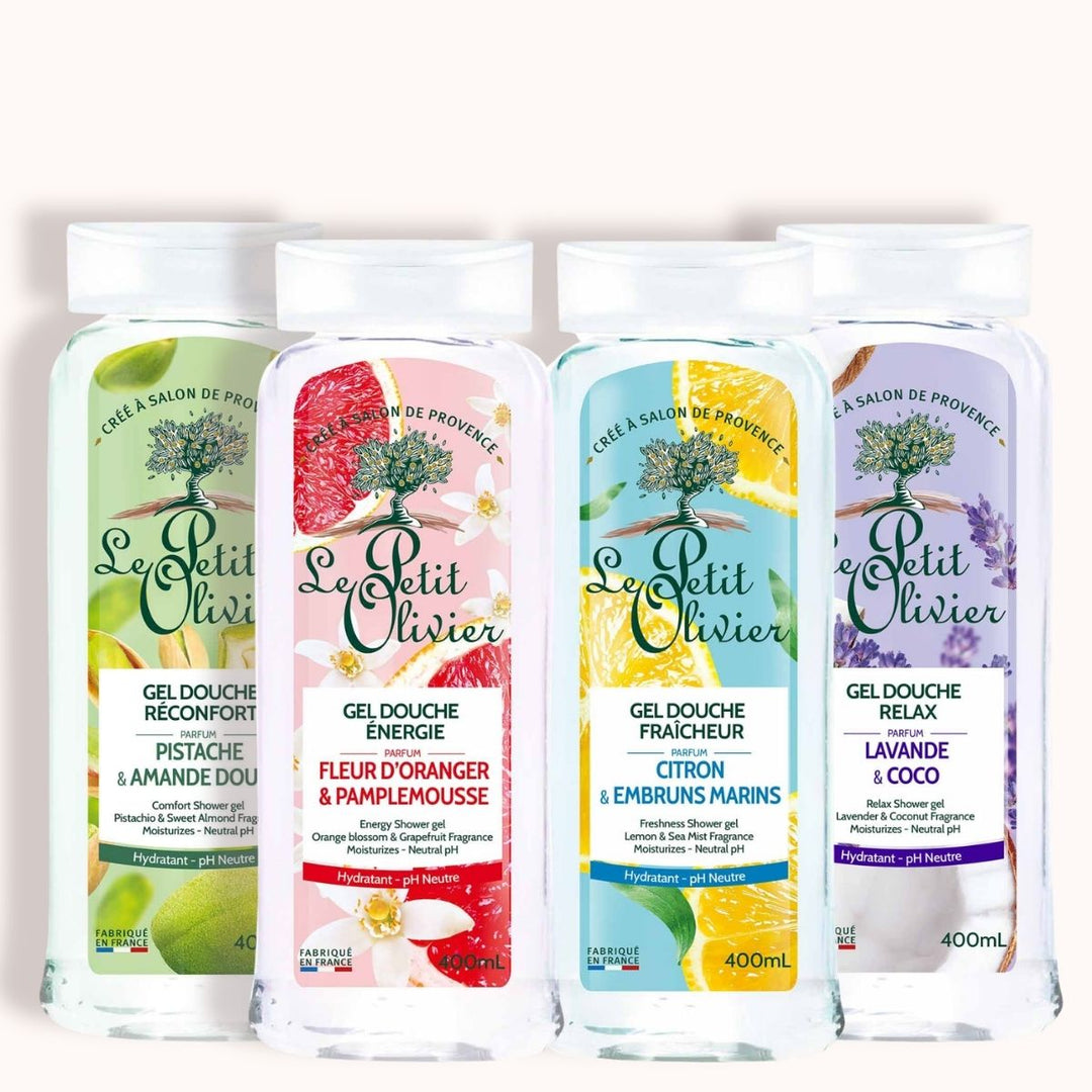 Le coffret « Découverte » de Le Petit Olivier – Gels de douche 400 ml – comprend quatre gels de douche hydratants au pH neutre, aux parfums suivants : pistache et amande douce, fleur d'oranger et pamplemousse, citron et minéraux marins, ainsi que lavande et noix de coco.