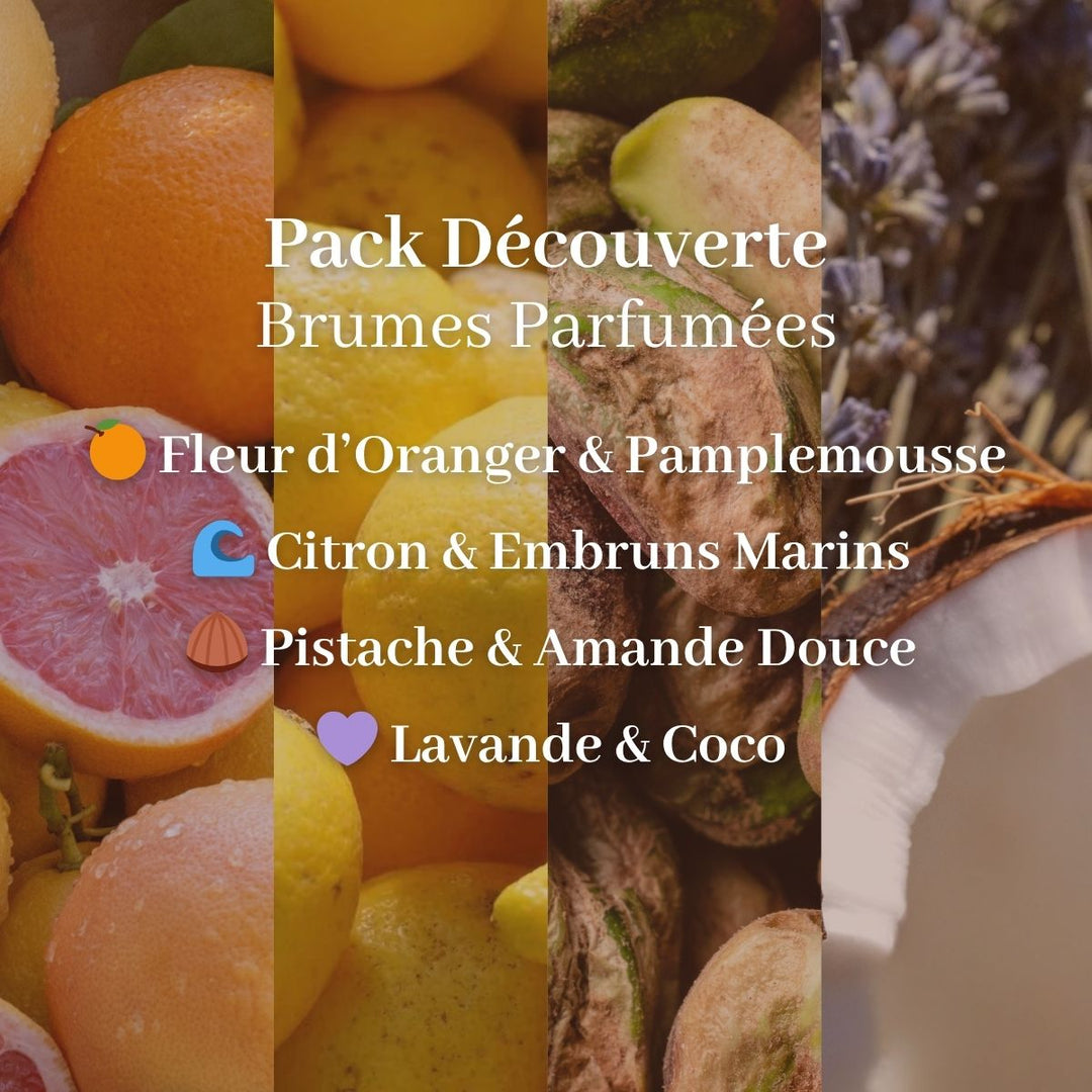 Image divisée en quatre cases — orange, bois et agrumes, pistaches et amandes, lavande et noix de coco — accompagnée d'un texte présentant le Pack Découverte de Le Petit Olivier : « Brumes Parfumées pour le corps et les cheveux », fabriqué en France.
