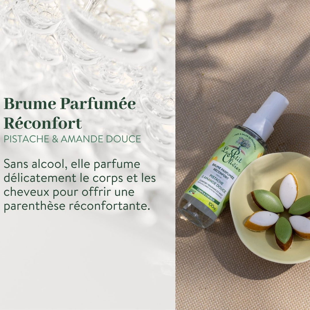 Un coffret « Découverte » de Le Petit Olivier – comprenant un spray « Brumes Parfumées » pour le corps et les cheveux, aux senteurs de pistache et d'amande douce – côtoie des bonbons colorés en forme d'amande. Un texte en français met en avant son parfum délicat.