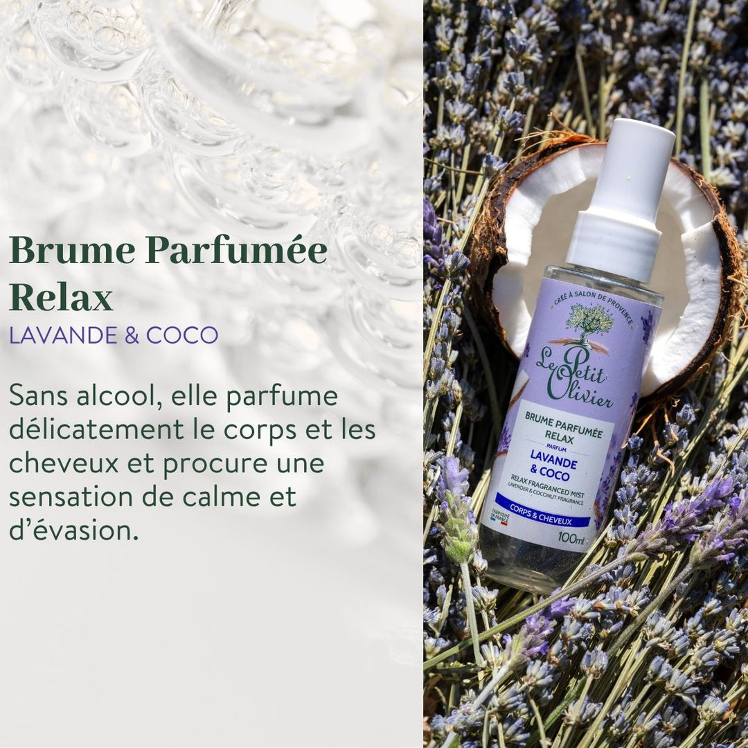 Une bouteille du coffret « Découverte - Brumes Parfumées » de Le Petit Olivier repose sur un lit de lavande, accompagnée d'un coupelle en céramique. L'étiquette met en avant son parfum de lavande et de noix de coco pour le corps et les cheveux ; le produit est sans alcool et fabriqué en France.