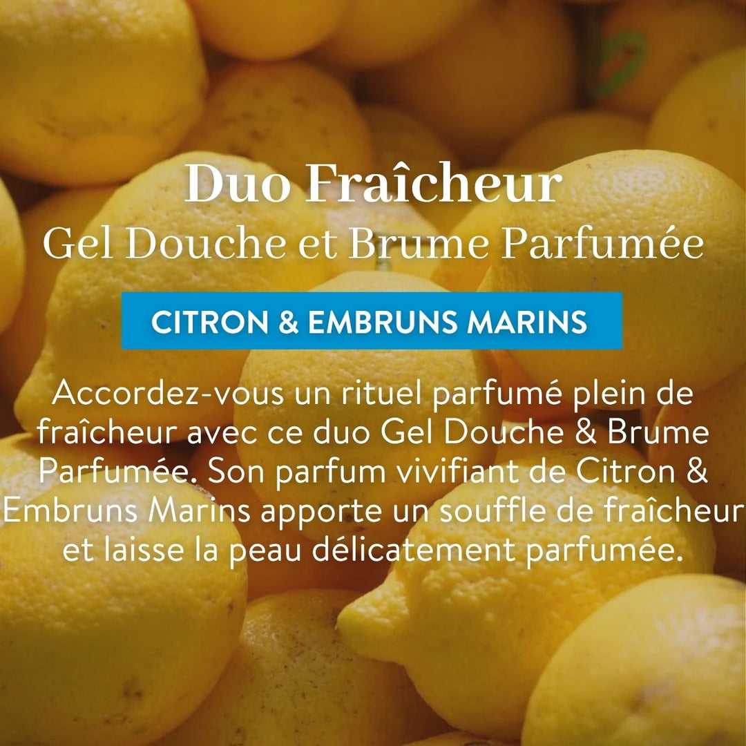 Un gros plan sur des citrons jaunes frais, accompagné d'un texte en français, met en avant le « Duo Fraîcheur - Gel Douche et Brume Parfumée » de Le Petit Olivier, soulignant ses notes de citron et d'embruns pour une explosion de fraîcheur vivifiante.