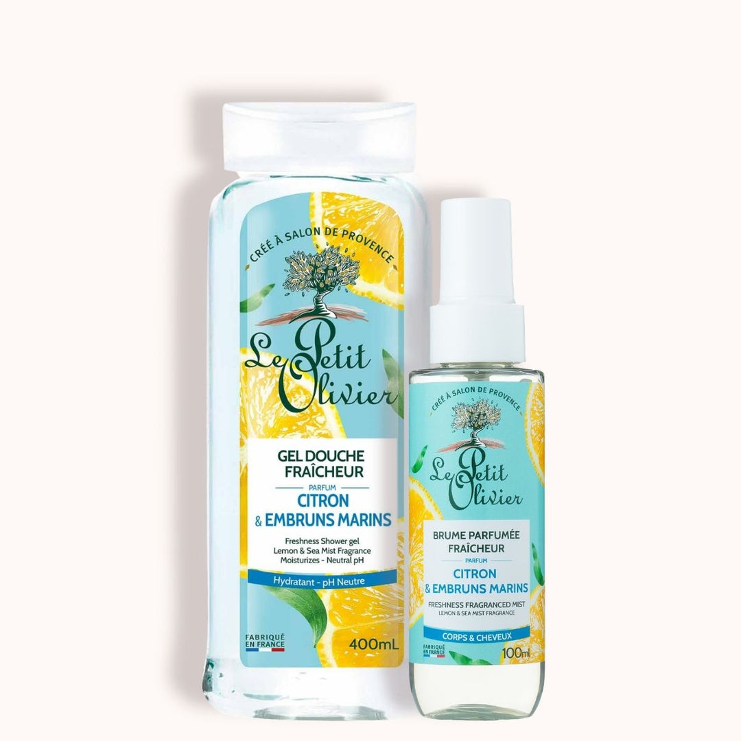 Le coffret « Duo Fraîcheur » de Le Petit Olivier comprend un gel douche hydratant de 400 ml et une brume parfumée de 100 ml, tous deux aux notes de citron et d'embruns, rehaussés de touches de jaune et de bleu.