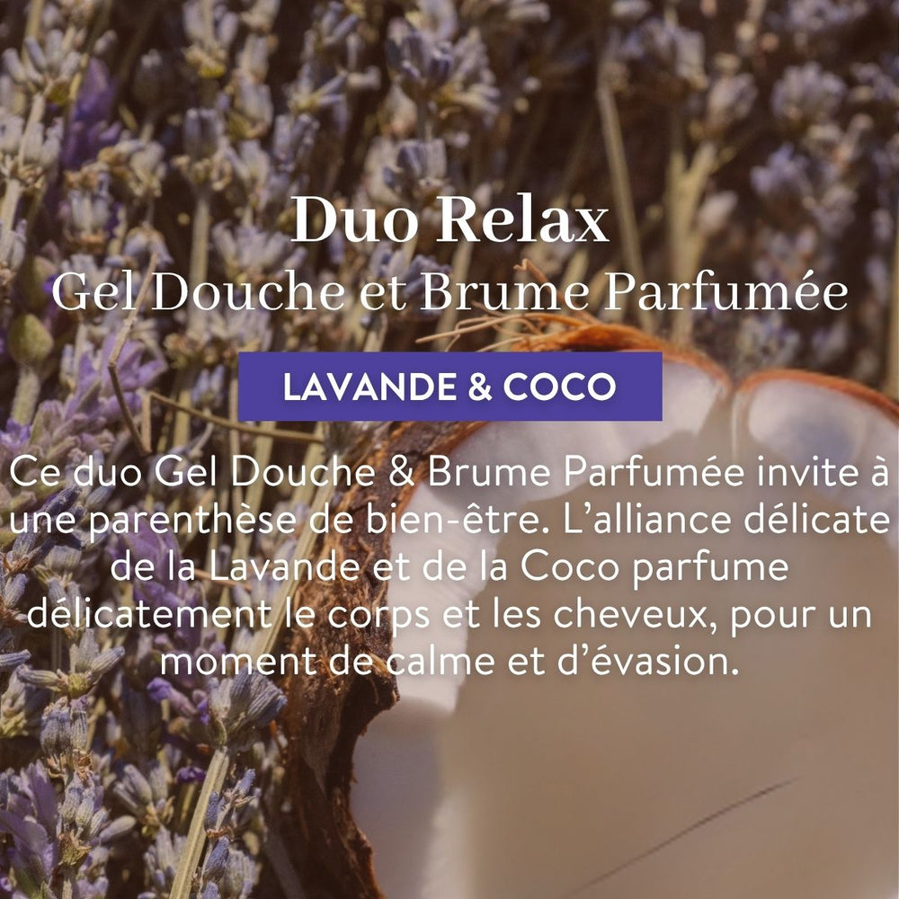 Une image promotionnelle du Duo Relax de Le Petit Olivier – Gel douche et brume parfumée –, mettant en avant des visuels de lavande et de noix de coco, accompagnée d'un texte en français soulignant les effets apaisants de ces produits hydratants.