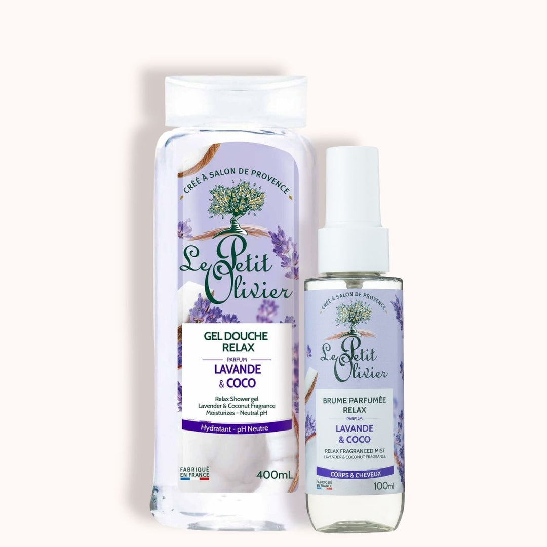 Le coffret « Duo Relax » de Le Petit Olivier comprend un gel douche hydratant à la lavande et à la noix de coco de 400 ml et une brume parfumée pour le corps et les cheveux de 100 ml, tous deux ornés de motifs de lavande sur leurs étiquettes.