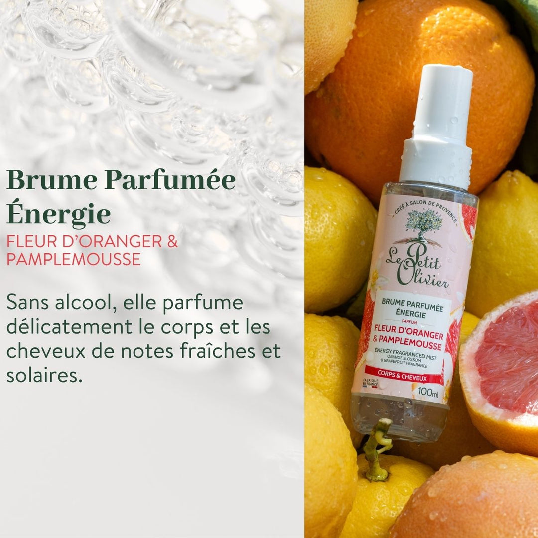 Le duo « Energie » de Le Petit Olivier, composé d'un gel douche et d'une brume parfumée, est présenté au milieu d'oranges et de pamplemousses frais ; son étiquette met en avant une formule sans alcool aux senteurs de fleur d'oranger et de pamplemousse, destinée au corps et aux cheveux.