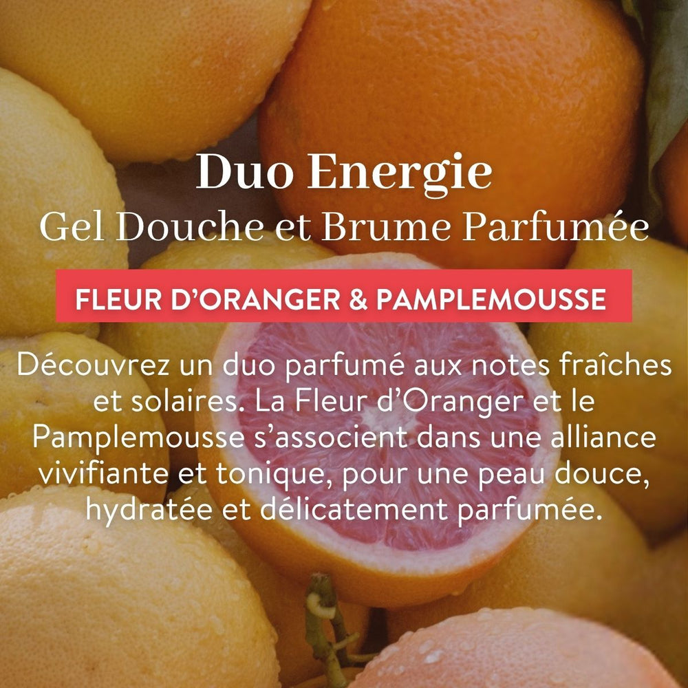 Gros plan sur des oranges fraîches, avec des pamplemousses coupés en deux en arrière-plan. Le texte en français vante les mérites du « Duo Énergie » de Le Petit Olivier — Gel Douche et Brume Parfumée —, parfumé à la fleur d'oranger et au pamplemousse pour une expérience rafraîchissante et hydratante.
