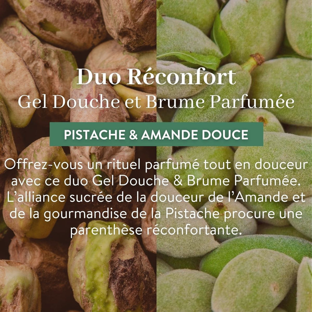 Image promotionnelle du coffret « Duo Réconfort » de Le Petit Olivier (gel douche et brume parfumée), mettant en avant les senteurs d'amande et de pistache, avec des gros plans d'amandes entières et de pistaches vertes, ainsi qu'un texte descriptif en français.