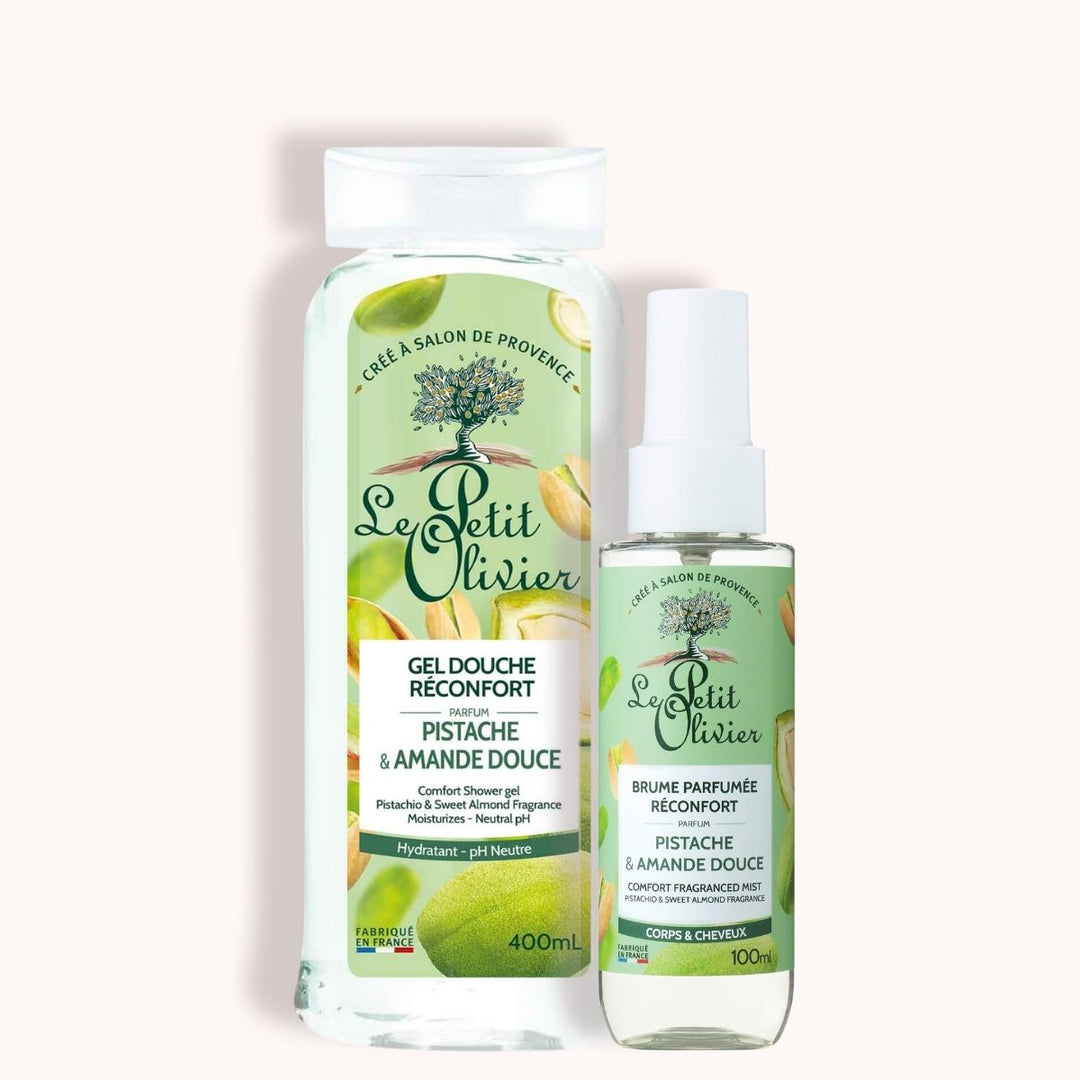 Découvrez le « Duo Réconfort » de Le Petit Olivier : un gel douche de 400 ml et une brume parfumée de 100 ml, tous deux aux senteurs réconfortantes et dotés d'étiquettes charmantes ornées d'amandes et de pistaches.