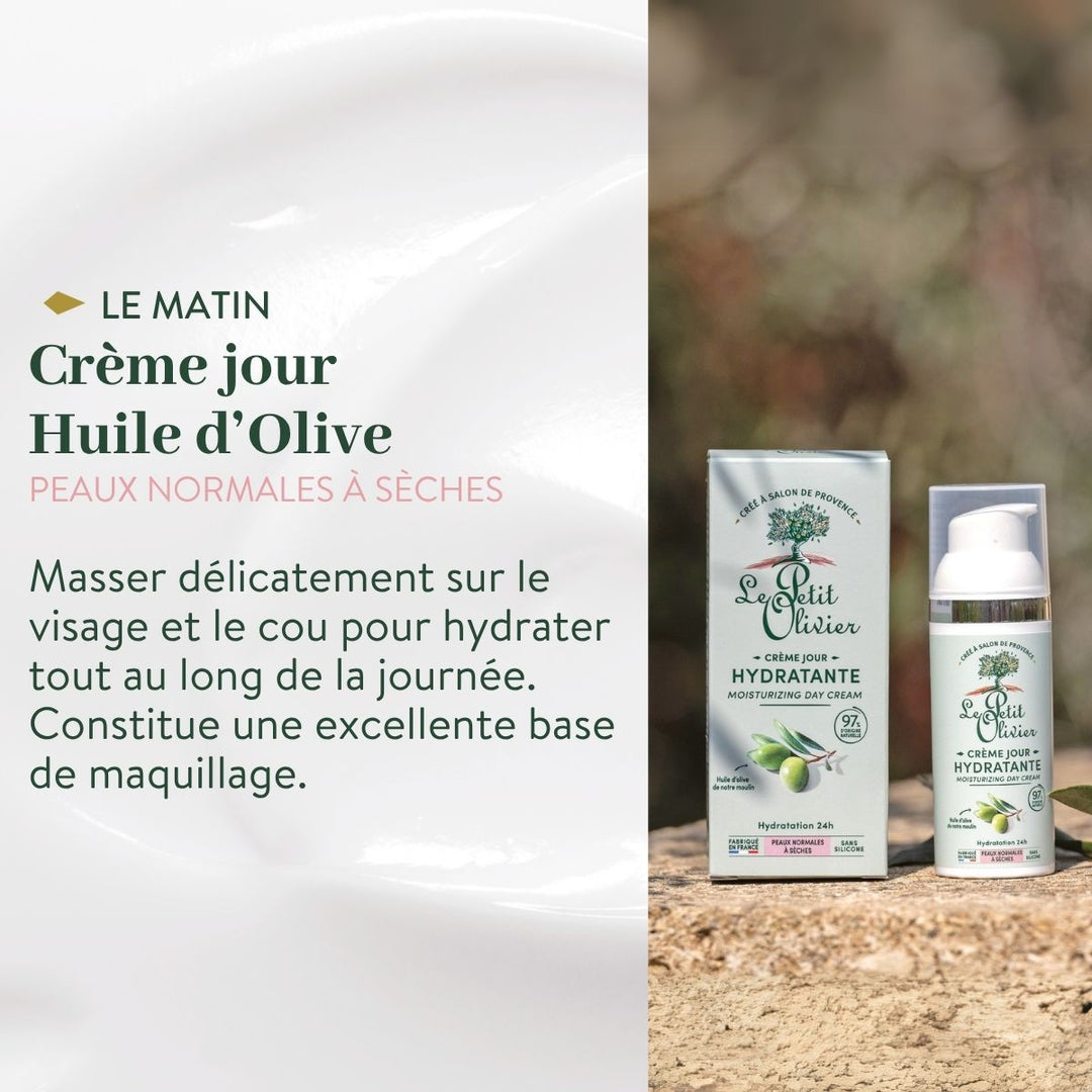 Une image promotionnelle du produit « Le Petit Olivier Rituel Soin Visage Express Douceur », présentant le produit et son emballage, accompagnée d'un mode d'emploi en français et d'une description de ses bienfaits pour les peaux normales à sèches.