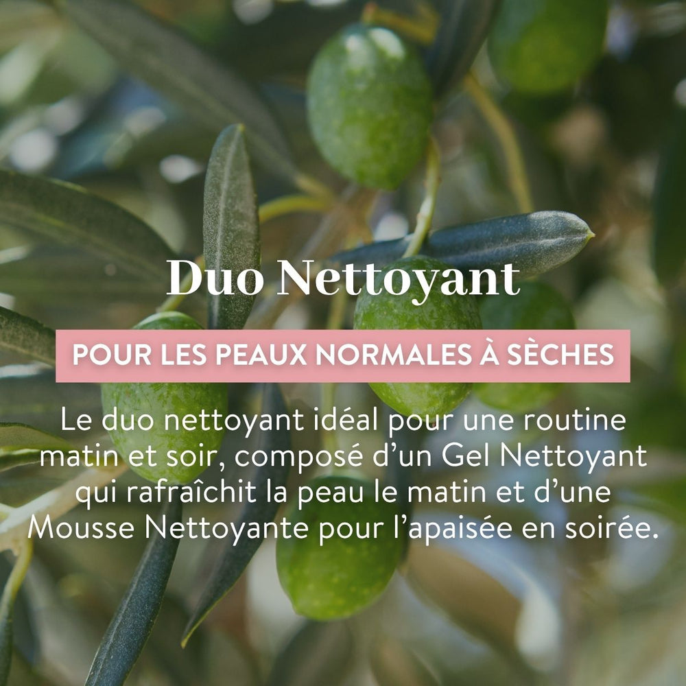 Des branches d'olivier avec des olives vertes en arrière-plan. Texte superposé : « Duo Nettoyant Douceur - Jour & Nuit » de Le Petit Olivier — un gel et une mousse nettoyants à base d'ingrédients naturels pour les peaux normales à sèches, parfaits pour les routines du matin et du soir.