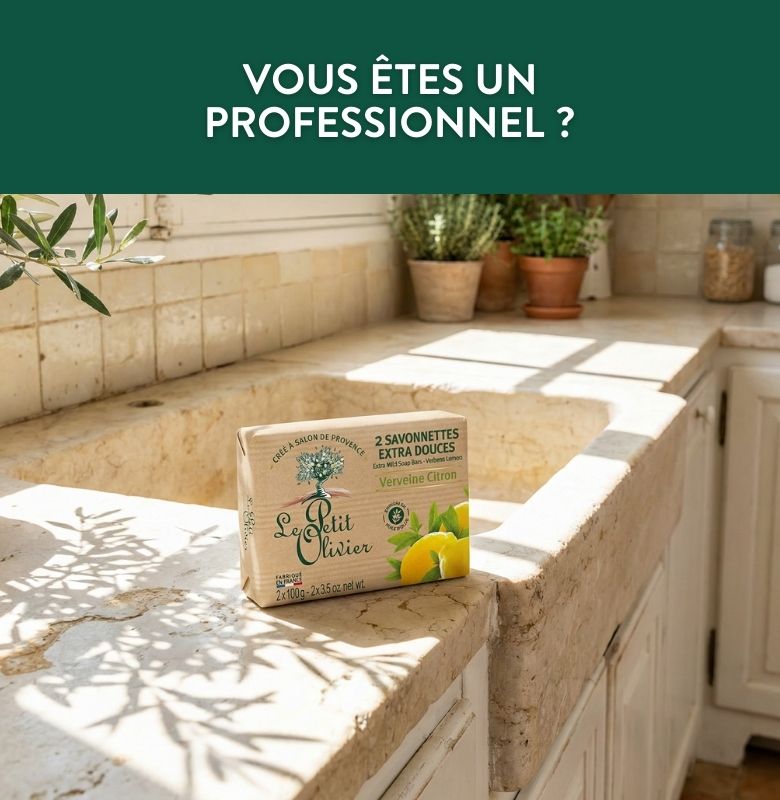 Un savon « Le Petit Olivier » repose sur un évier de cuisine en pierre, baigné par la lumière du soleil. Le texte au-dessus indique : « VOUS ÊTES UN PROFESSIONNEL ? » en français. On aperçoit des plantes sur le rebord de la fenêtre.