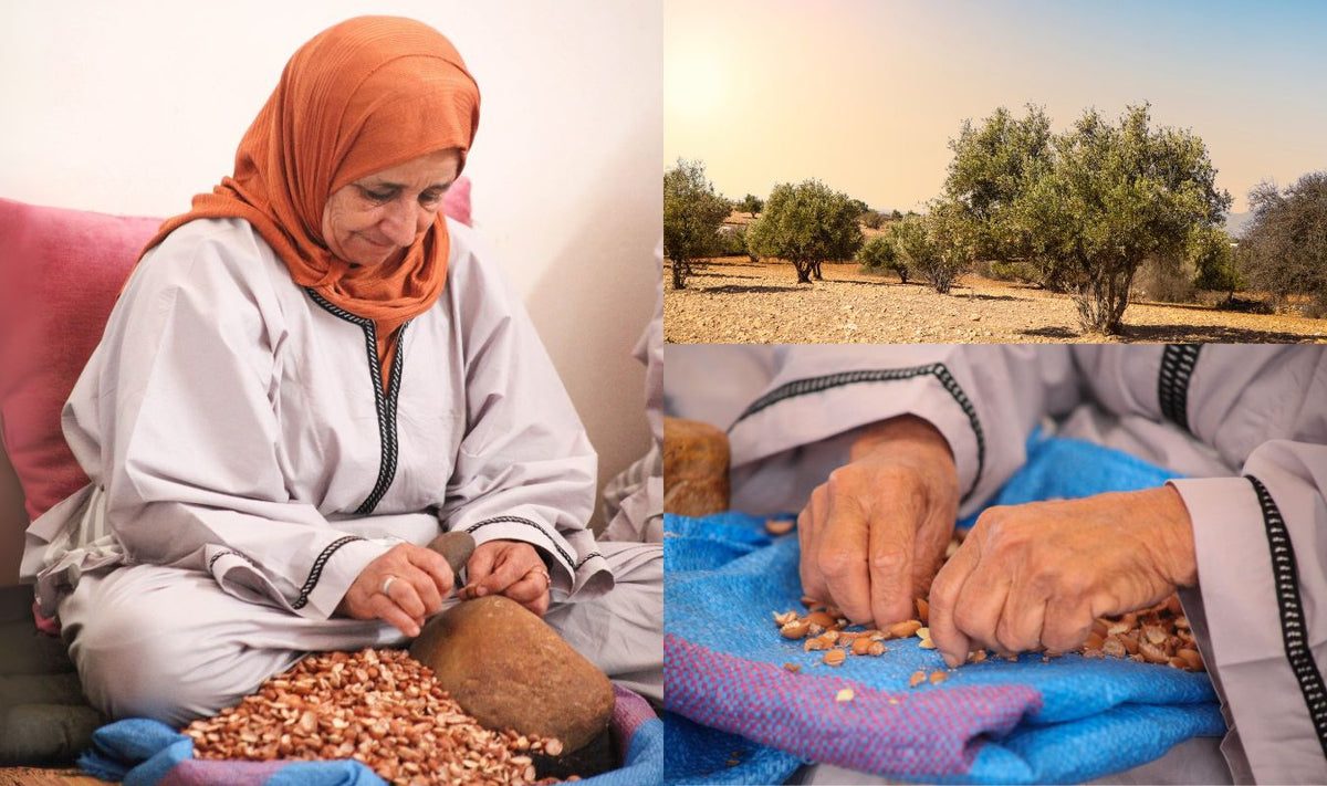 Une femme portant un foulard casse des noix à la main sur un linge. On voit également un gros plan de ses mains et d'une oliveraie.