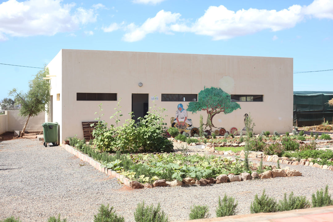 Derrière un potager luxuriant et bien entretenu, bordé de pierres, se dresse un petit bâtiment beige orné d'une fresque représentant un arbre et un enfant, sous un ciel bleu parsemé de nuages.
