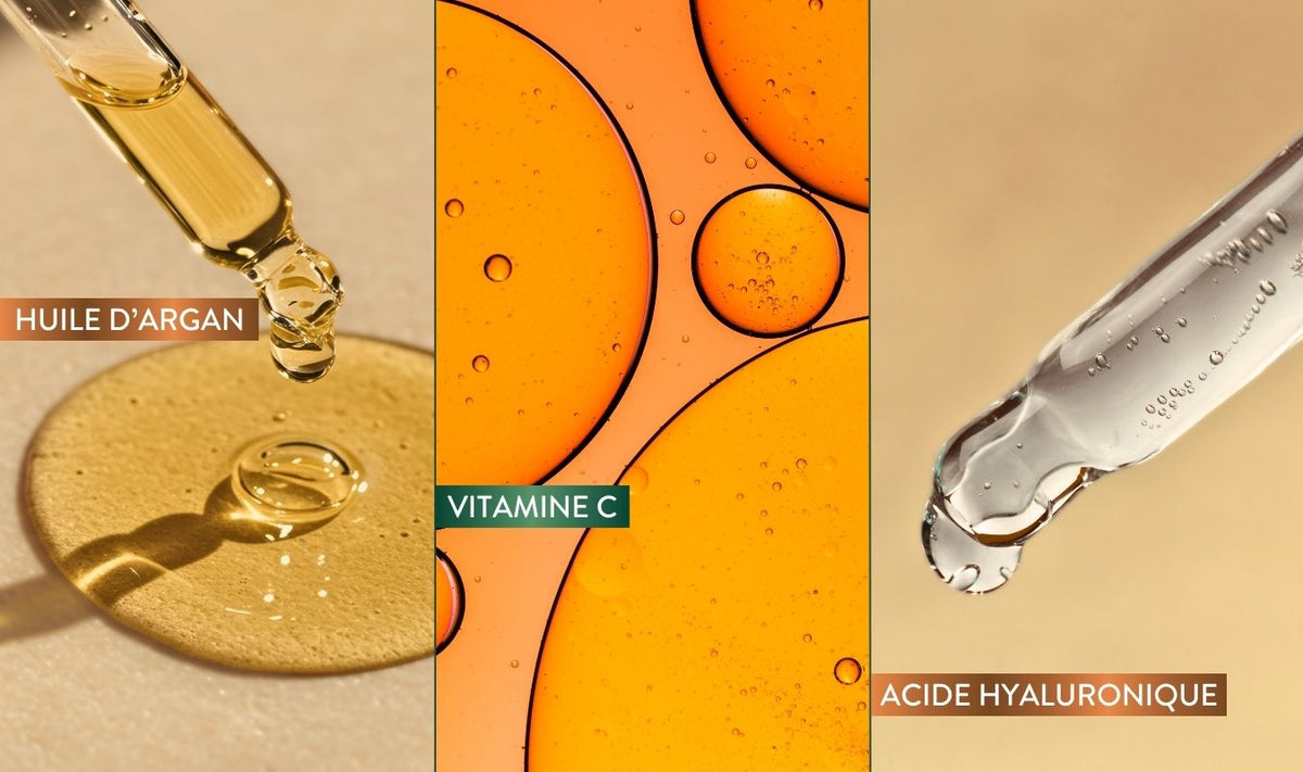 Trois images : un compte-gouttes d’huile d’argan et l’huile elle-même (à gauche, avec la mention « HUILE D’ARGAN »), un gros plan sur les bulles de vitamine C (au centre, avec la mention « VITAMINE C »), et un compte-gouttes contenant de l’acide hyaluronique (à droite, avec la mention « ACIDE HYALURONIQUE »).
