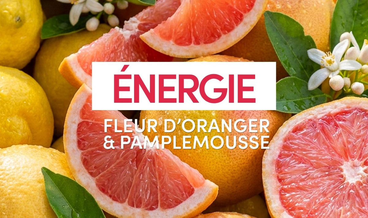 Des pamplemousses coupés en tranches et des oranges entières, accompagnés de feuilles vertes et de fleurs blanches. Le texte indique : ÉNERGIE FLEUR D’ORANGER & PAMPLEMOUSSE.