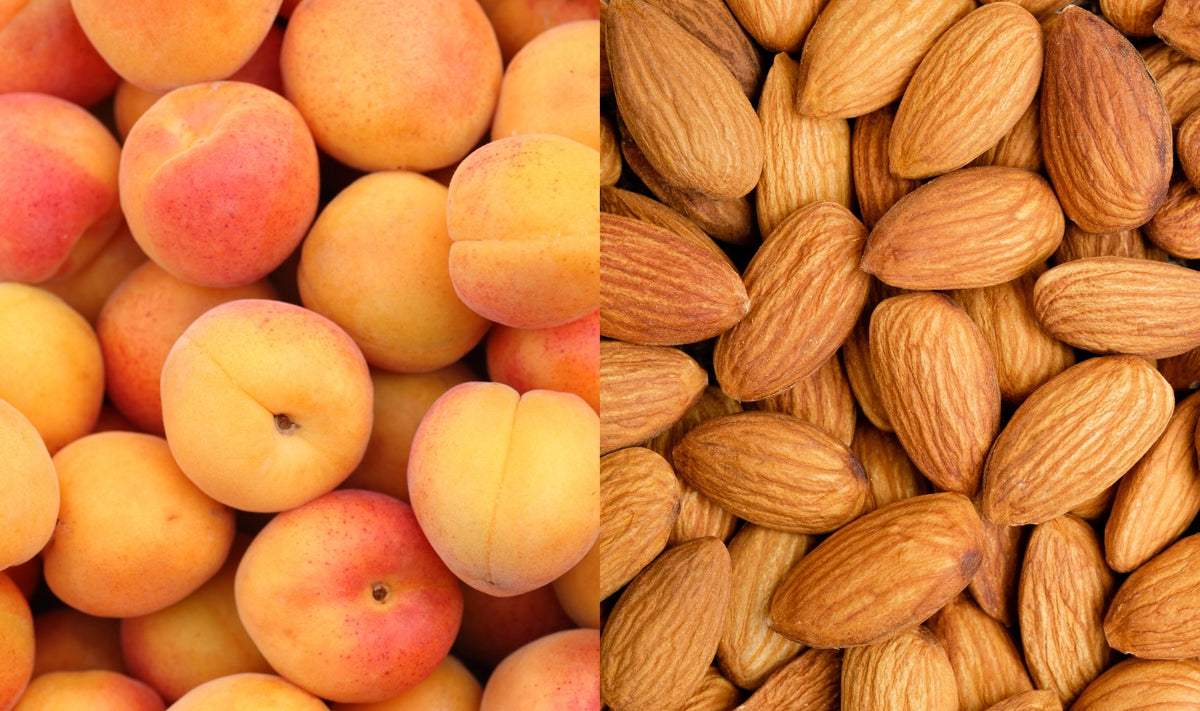 Gros plan sur des abricots frais à gauche et des amandes entières à droite, mettant en valeur les textures et les couleurs des fruits côte à côte.
