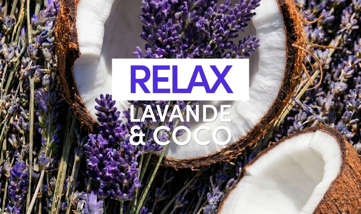 Des noix de coco coupées en deux et des brins de lavande, sur lesquels est inscrit en caractères gras « RELAX LAVANDE & COCO ».
