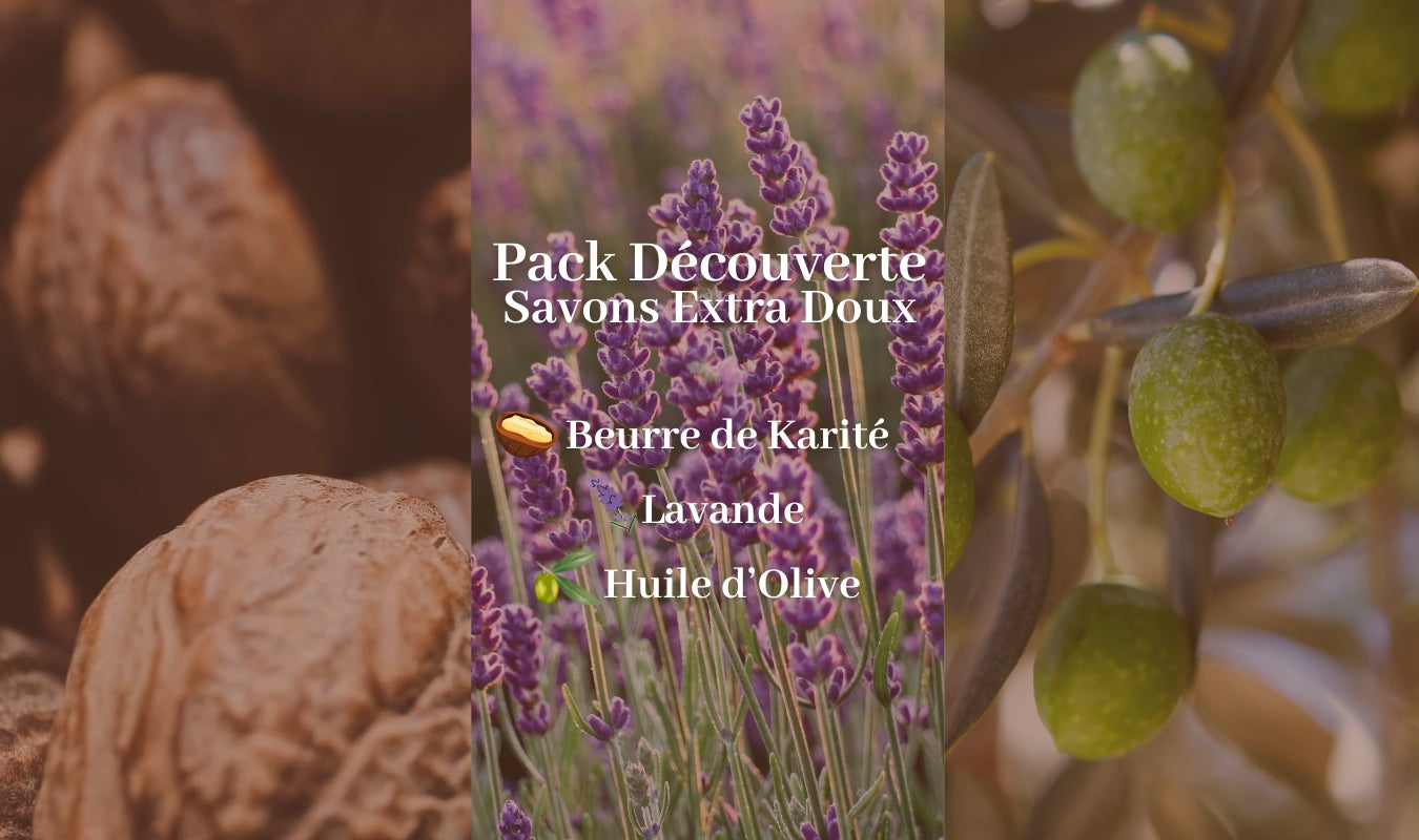 Texte superposé sur des images de noix de karité, de lavande et d'olives. Le texte indique : « Pack Découverte Savons Extra Doux - Beurre de karité, lavande, huile d'olive ».