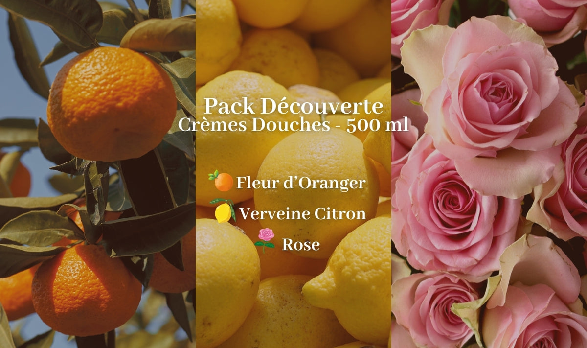 Trois illustrations représentent des oranges sur un arbre, un tas de citrons et des roses roses. Le texte en français indique : « Pack Découverte Crèmes Douches - 500 ml », accompagné d'icônes représentant la fleur d'oranger, la verveine citronnée et la rose.