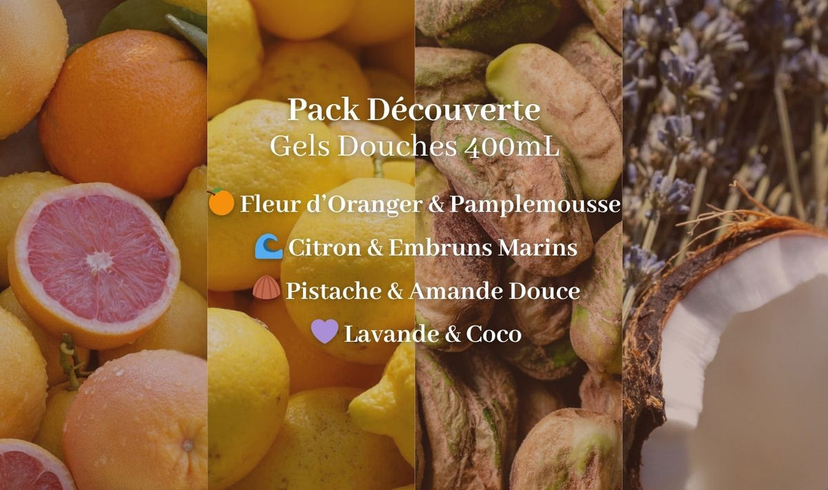 Image en deux parties représentant des pamplemousses, des citrons, des pistaches, des amandes, de la lavande et de la noix de coco, accompagnée d'une légende en français indiquant « Pack Découverte Gels Douches 400 ml » et les combinaisons de parfums : agrumes, notes marines, notes de noisette et notes florales-noix de coco.